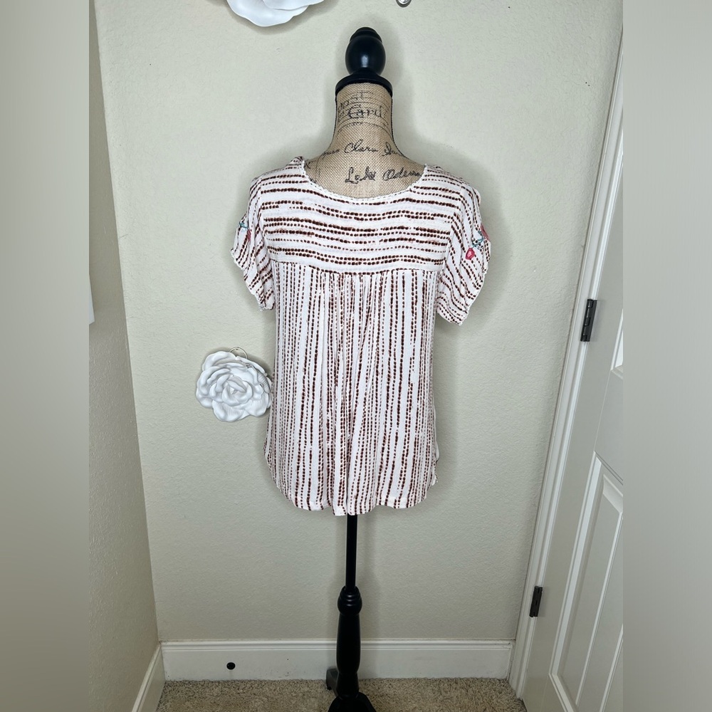 NTM: Savanna Jane Dot Striped Floral Embroidered Peasant Blouse Sz Large - Picture 9 of 15